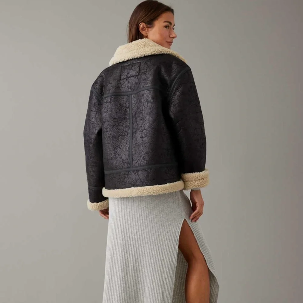 AE Oversized Vegan Shearling Moto Jacket Black Medium NWT - Picture 3 of 11